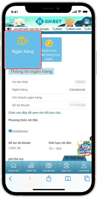 Bước 2: Chọn NGÂN HÀNG, lựa chọn ngân hàng muốn rút về